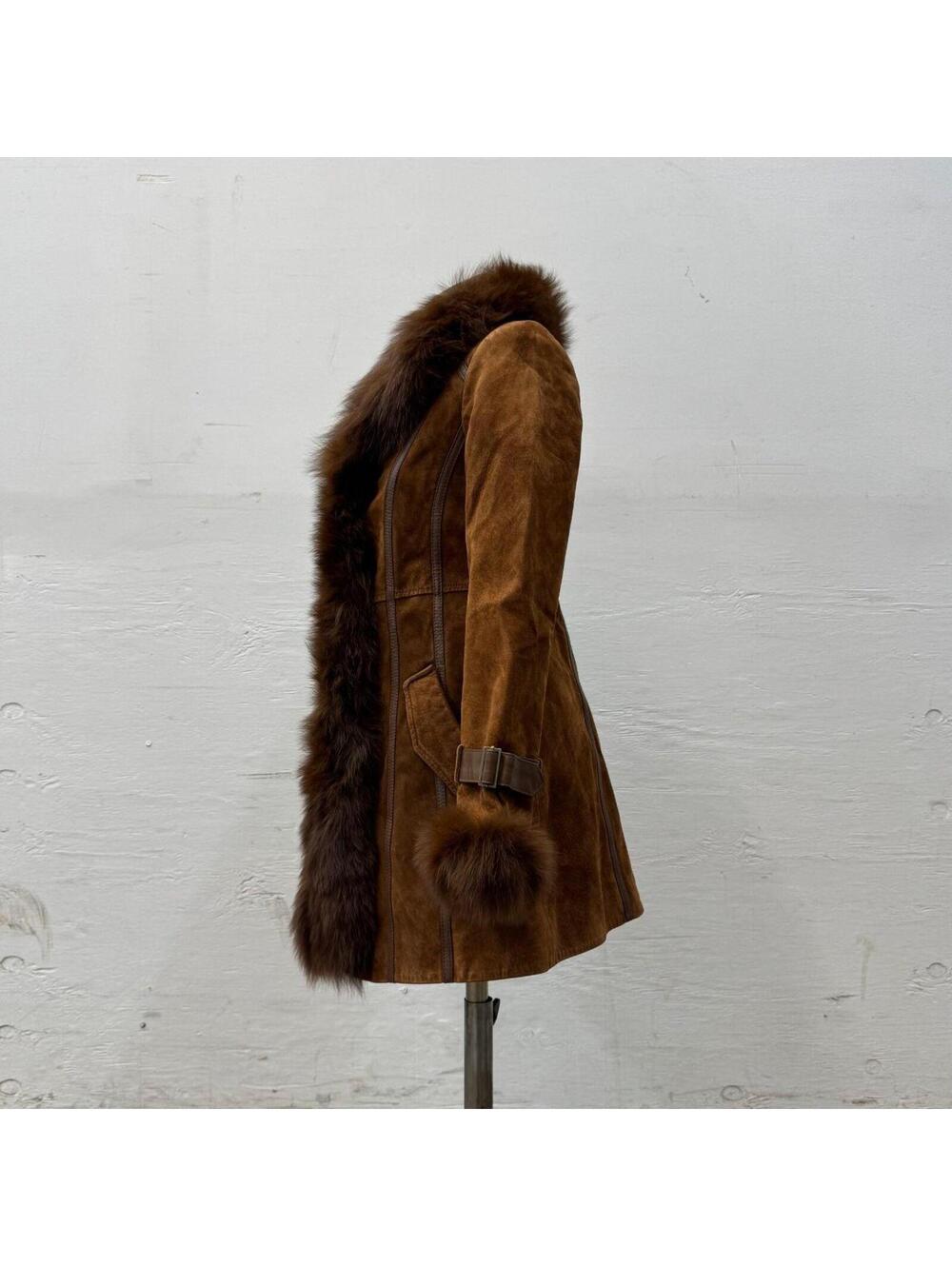 Vintage Vero Moda Y2K "Penny Lane" Suede & Fox Fur Coat Brown - Picture 5 of 8